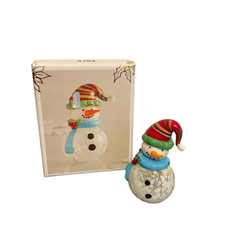 Pier 1 Imports Glass Miniature Snowman Figurine Winter Xmas Original Box 2.25